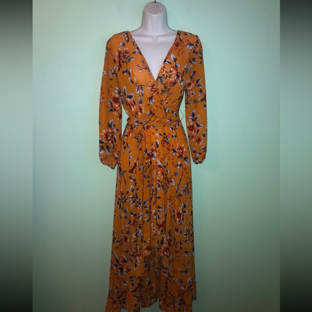 Indigo Rose Floral Chiffon Faux Wrap Hi Lo Dress Size Medium